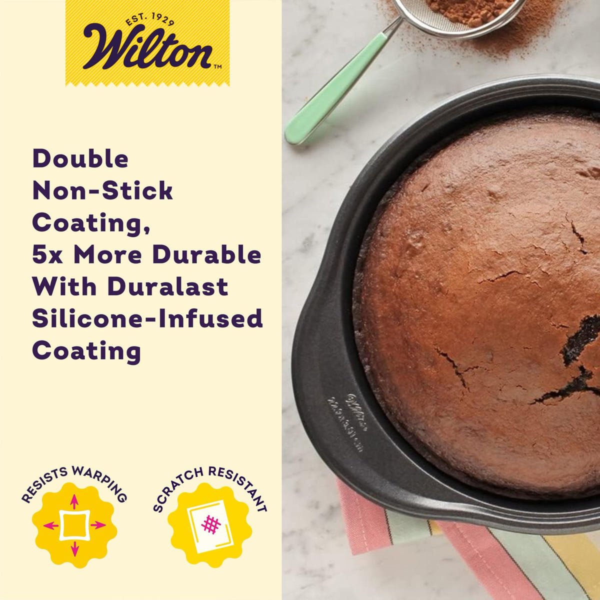 Durable Duralast silicone-infused coating on Wilton pan for longevity and even baking