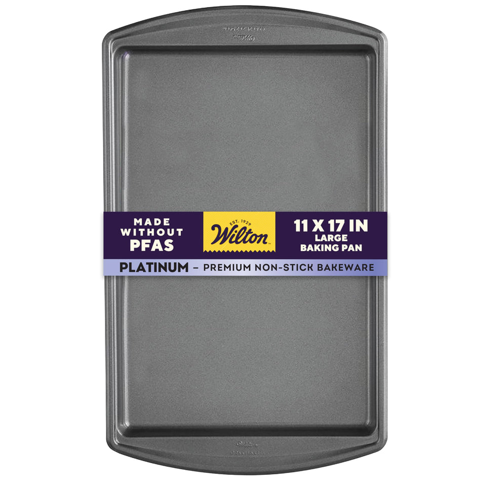 Wilton Platinum baking sheet top view shows large 11x17 surface for even heat