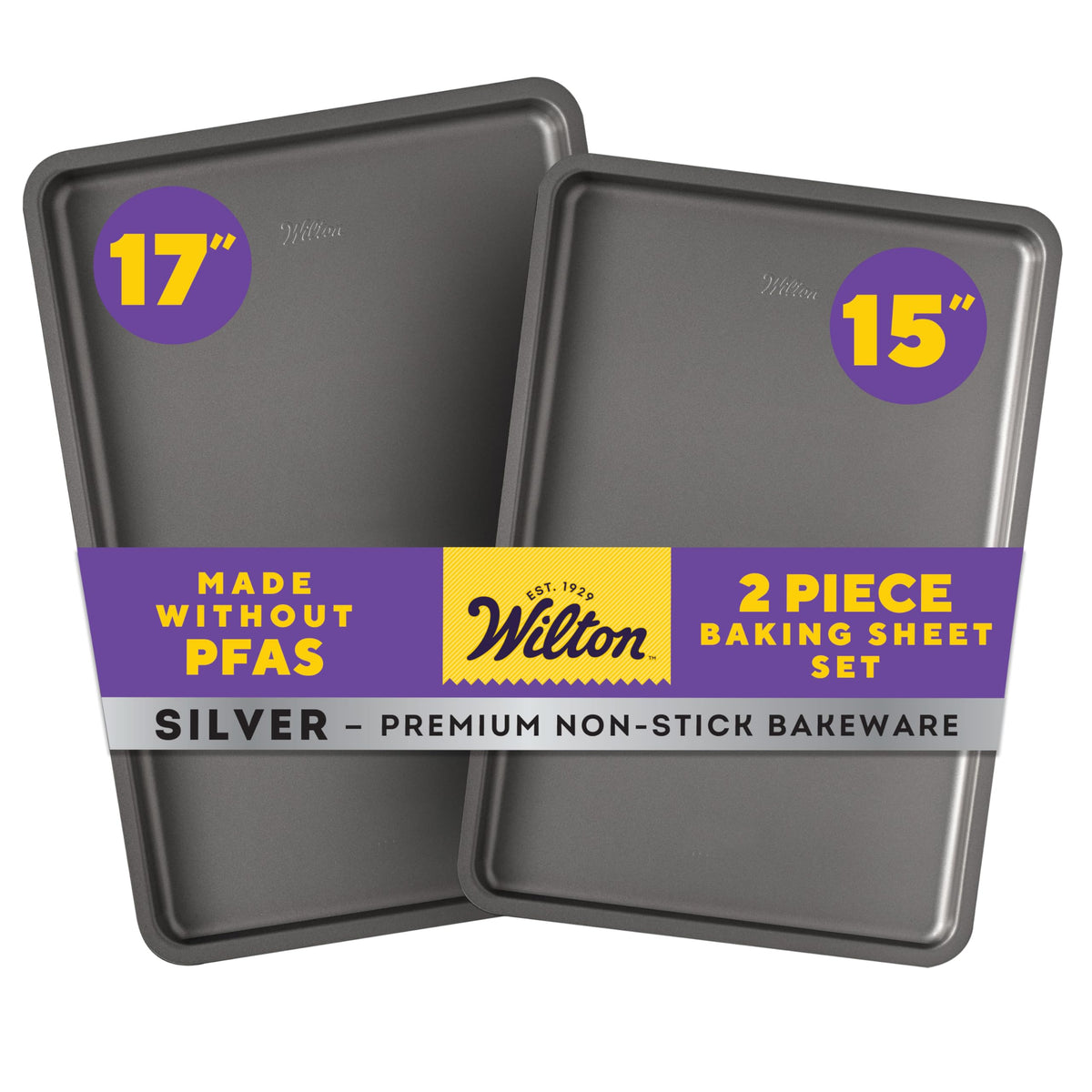Wilton Silver 2-Piece Baking Sheet Set for cookies with easy release.
