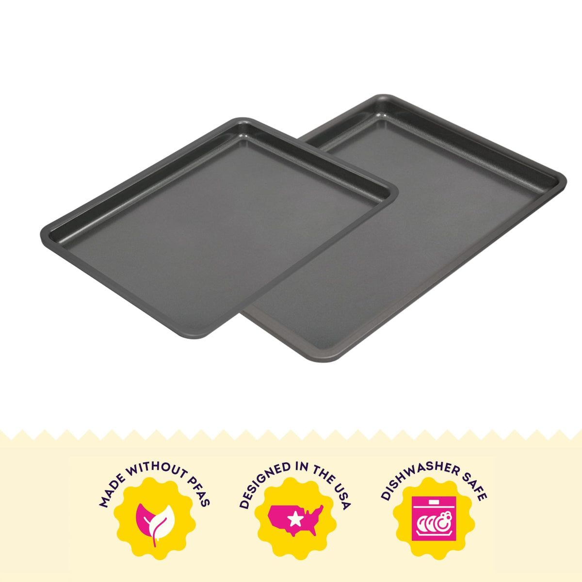 Wilton Silver 2-Piece Baking Sheet Set features non-stick coating for easy release.