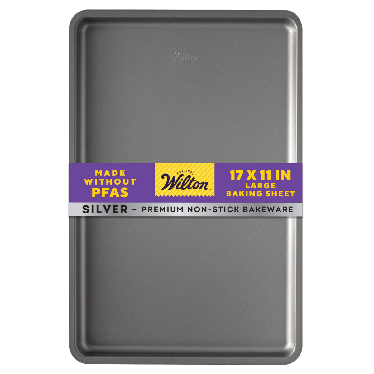 Wilton Silver Non Stick Large Baking Sheet viewed in flat lay for even baking and easy release.