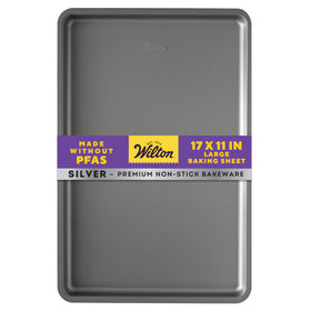 Wilton Silver Non Stick Large Baking Sheet viewed in flat lay for even baking and easy release.