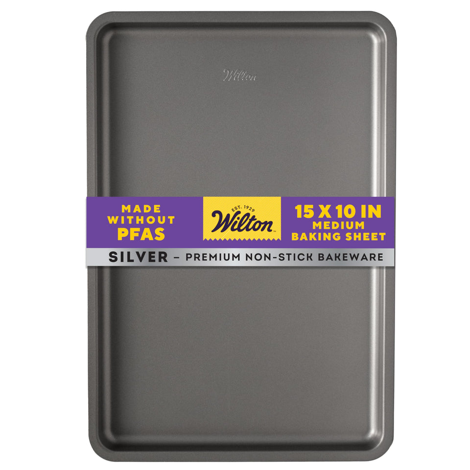 Wilton Silver non-stick medium baking sheet for effortless cookie release and even browning.