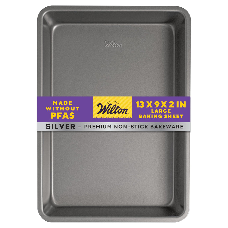 Wilton Silver non-stick oblong pan 13x9, for even baking and easy release.