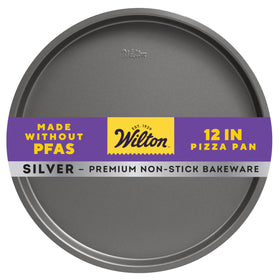 Wilton Silver non stick pizza pan top view for even browning and easy release