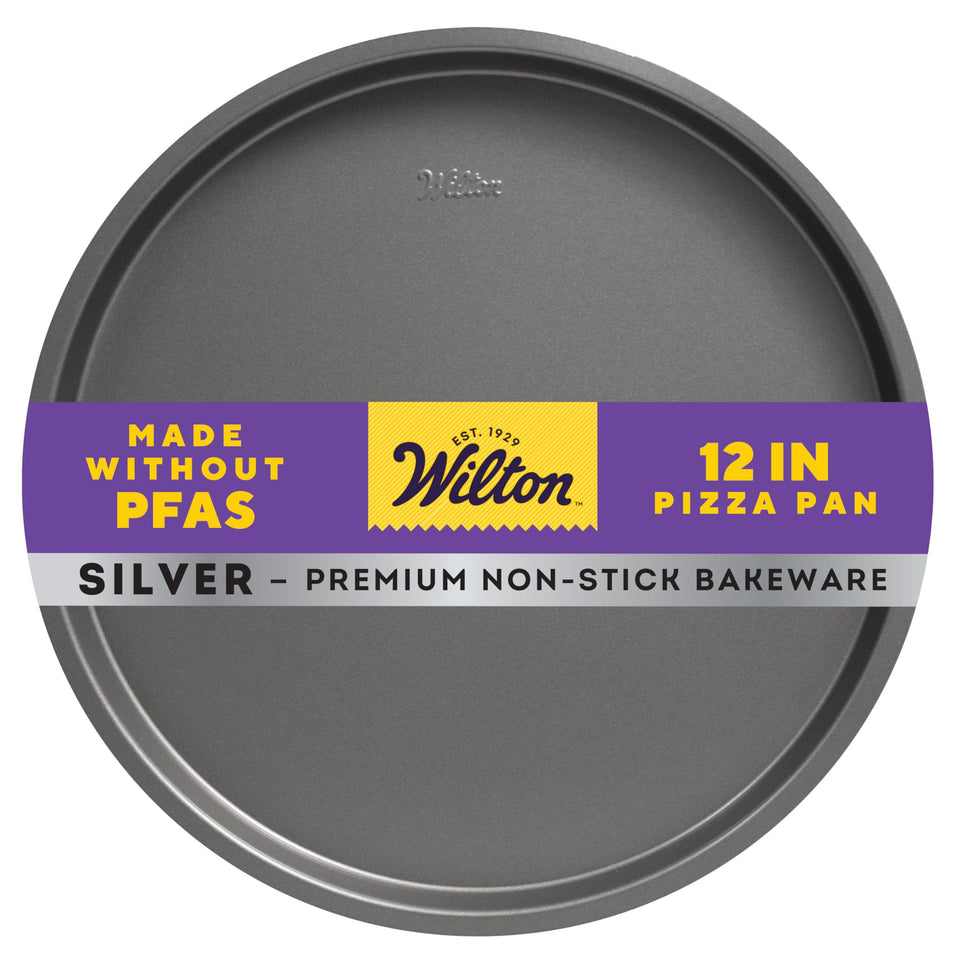 Wilton Silver non stick pizza pan top view for even browning and easy release