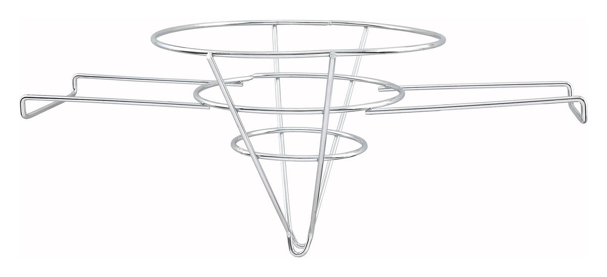 Winco 10-inch fryer filter stand in chrome securing filter cones for efficient oil filtering