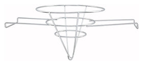 Winco 10-inch fryer filter stand in chrome securing filter cones for efficient oil filtering