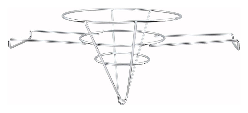 Winco 10-inch fryer filter stand in chrome securing filter cones for efficient oil filtering