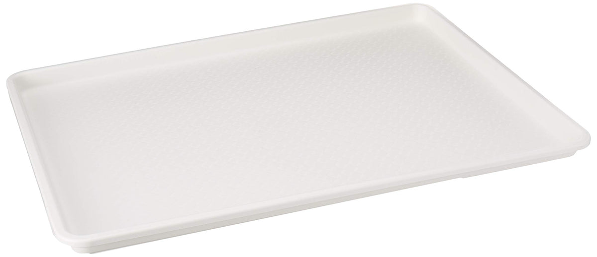 Winco 18x26 plastic tray white, top view ideal for prep and display.