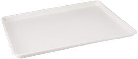 Winco 18x26 plastic tray white, top view ideal for prep and display.