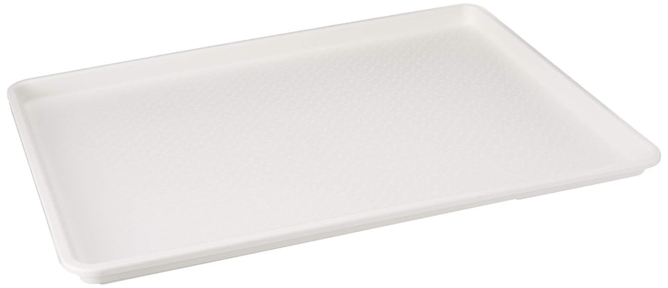Winco 18x26 plastic tray white, top view ideal for prep and display.