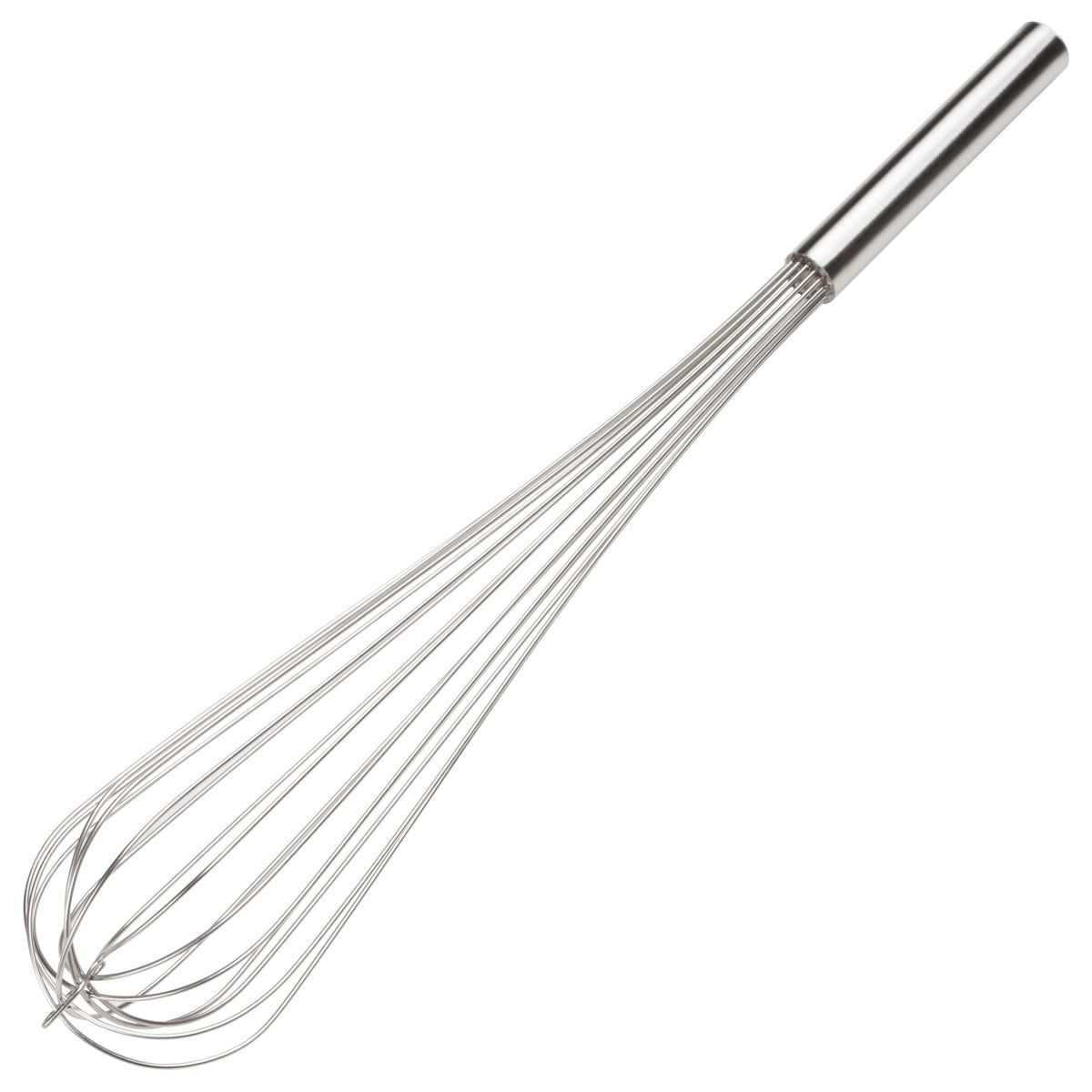 Winco 24-inch French Whip in stainless steel for large-batch mixing.