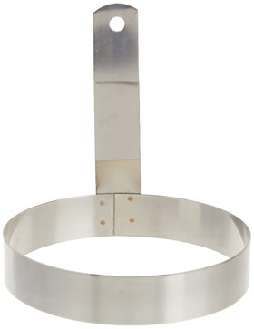 Winco 5in egg ring close-up, showing stainless steel build and even round eggs.