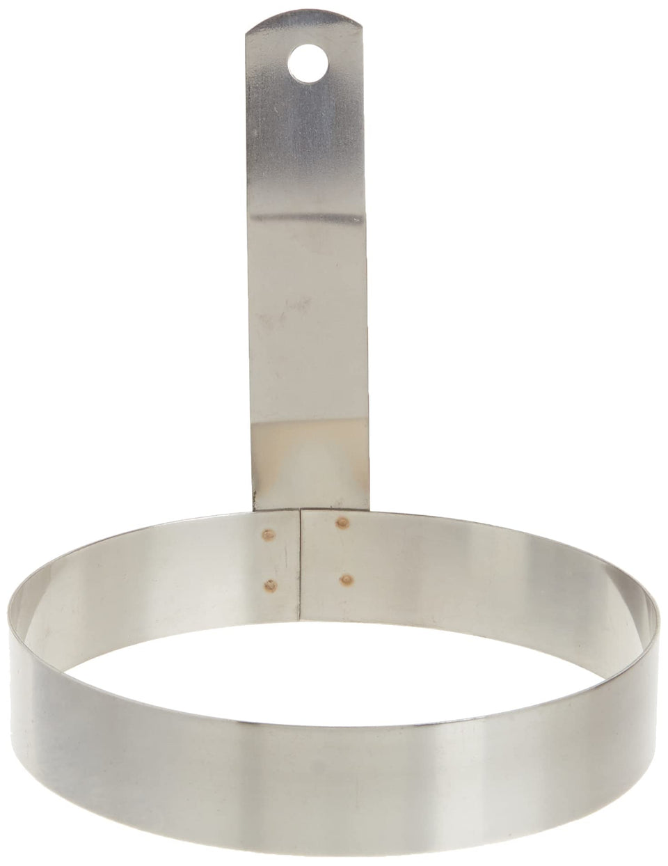Winco 5in egg ring close-up, showing stainless steel build and even round eggs.