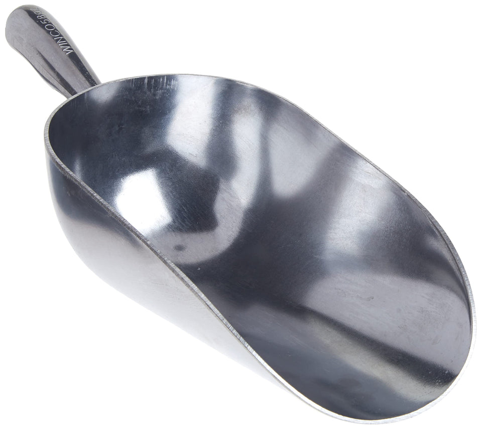 Winco aluminum utility scoop with 58-ounce capacity for precise dry-ingredient portions.