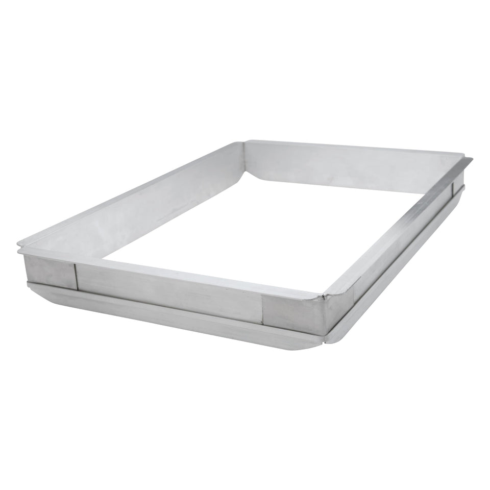 Winco AXPE-2 half sheet pan extender with 2-inch walls for secure transport and cooling.