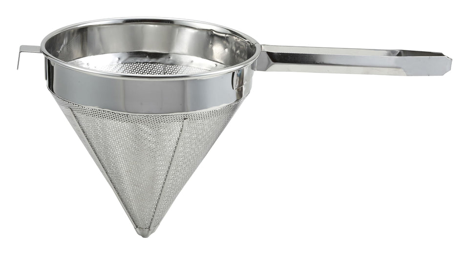 Winco China Cap Strainer 8-inch diameter with fine mesh for stocks and sauces.