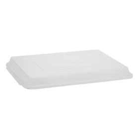 Winco Covers on a 13x18 aluminum sheet pan protect food during transport.