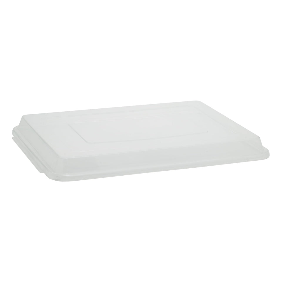 Winco Covers on a 13x18 aluminum sheet pan protect food during transport.