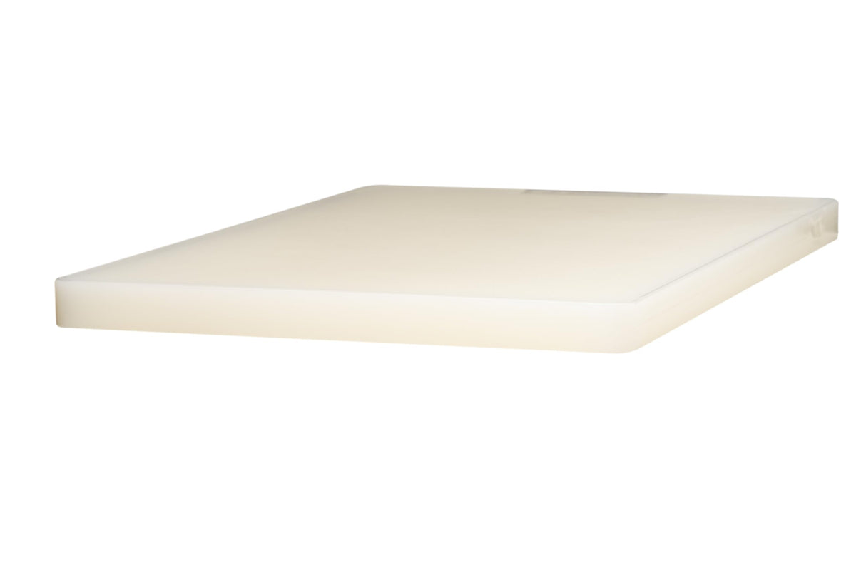 Winco cutting board side view emphasizes thickness and sturdy construction for daily kitchen use.