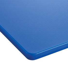 Winco cutting board blue 12x18 edge close-up, dishwasher-safe polyethylene for easy cleaning.