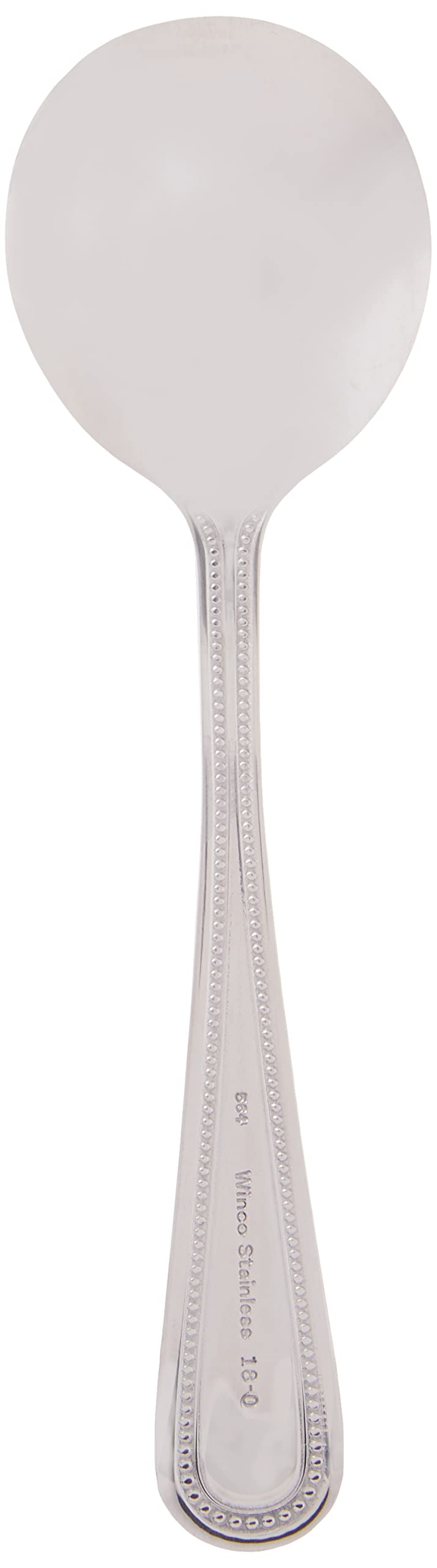 Winco Dots bouillon spoon in a hotel dining setting for service
