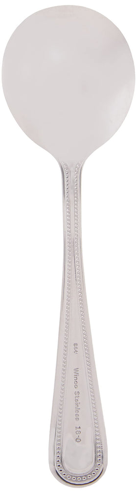 Winco Dots bouillon spoon in a hotel dining setting for service