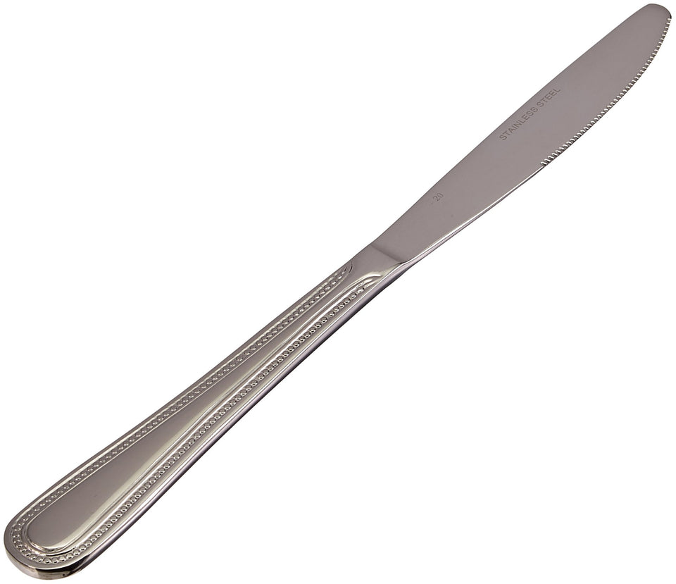 Winco Dots dinner knife with beaded neck detail, durable finish for hotels or cafes.