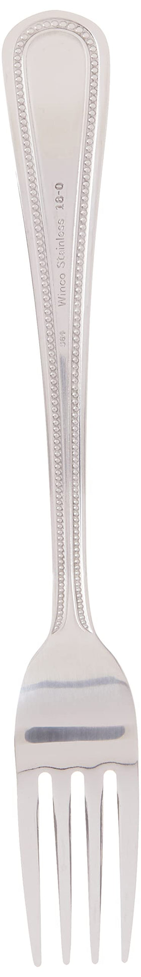 Winco Dots fork with mirror finish resists dulling after repeated washes.