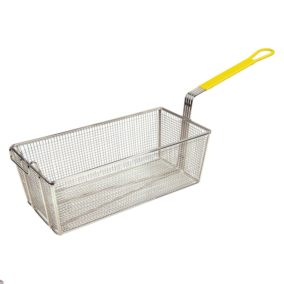 Winco FB-40 fry basket with yellow insulated handle for safe, efficient high-volume frying.