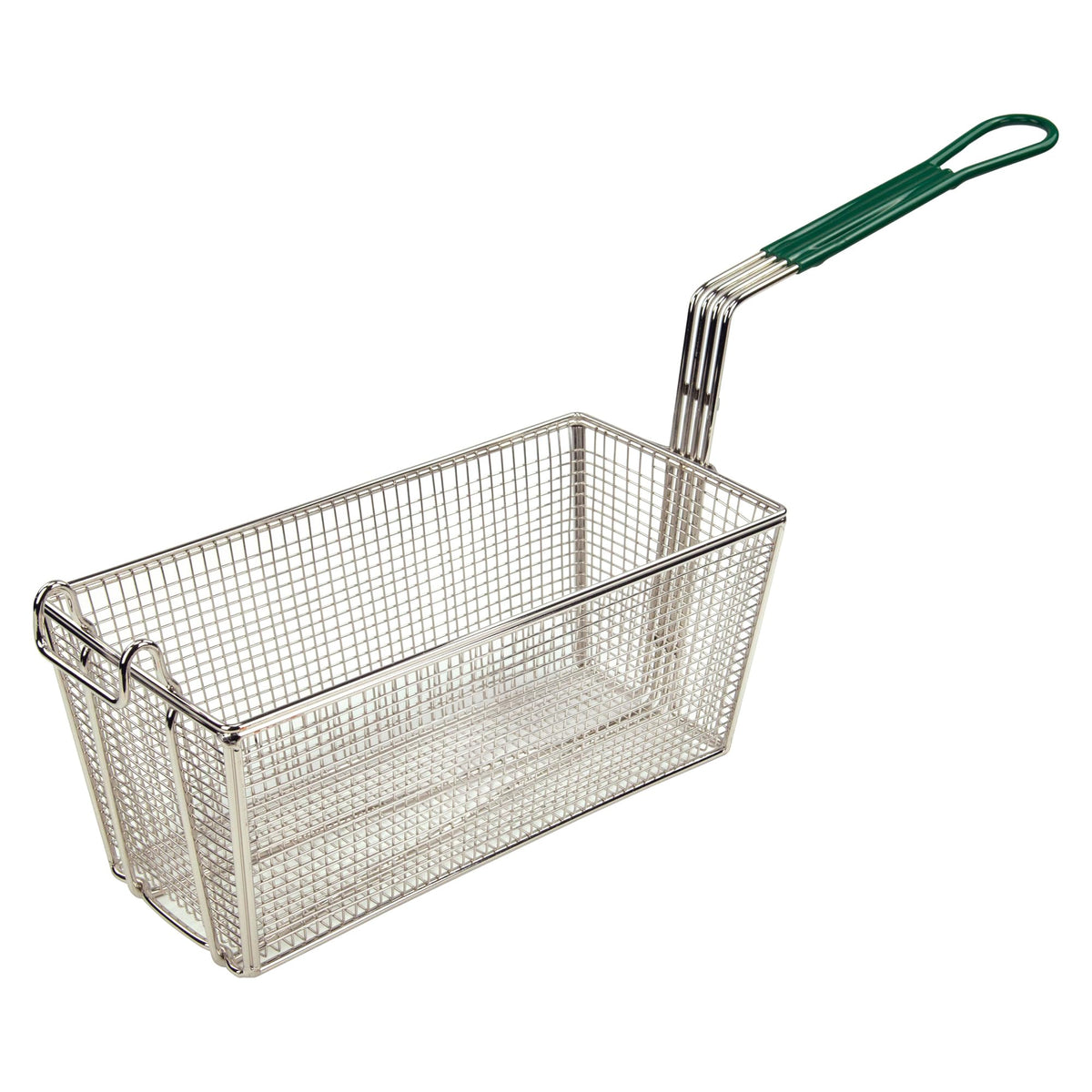 Winco Green Fry Basket Handle Medium, front view; color-coded fryer use and cool handle.
