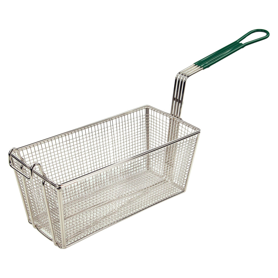 Winco Green Fry Basket Handle Medium, front view; color-coded fryer use and cool handle.