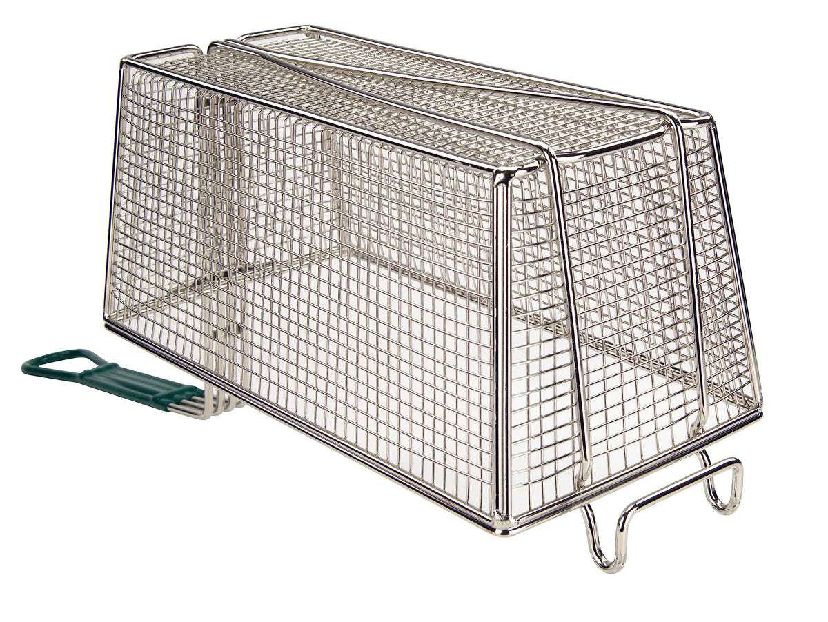 Winco Green Fry Basket Handle Medium, side view; heavy-duty mesh for large batches.