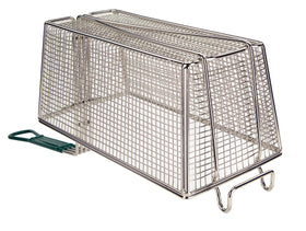 Winco Green Fry Basket Handle Medium, side view; heavy-duty mesh for large batches.