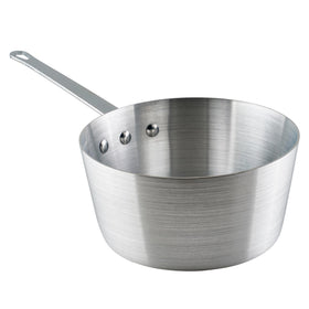 Winco heavy-duty aluminum tapered sauce pan side view for even heat distribution while simmering sauces.
