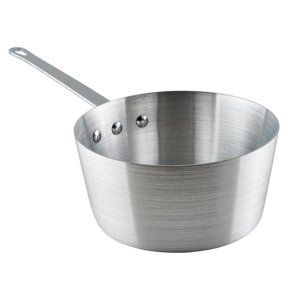 Winco heavy-duty aluminum tapered sauce pan side view for even heat distribution while simmering sauces.