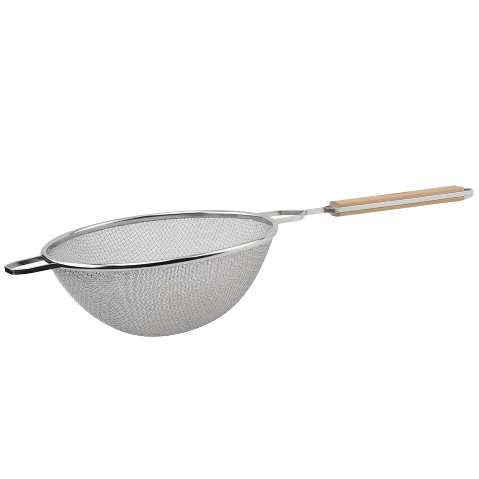 Winco MS2K-10D strainer with double mesh and deep bowl for fine filtration.