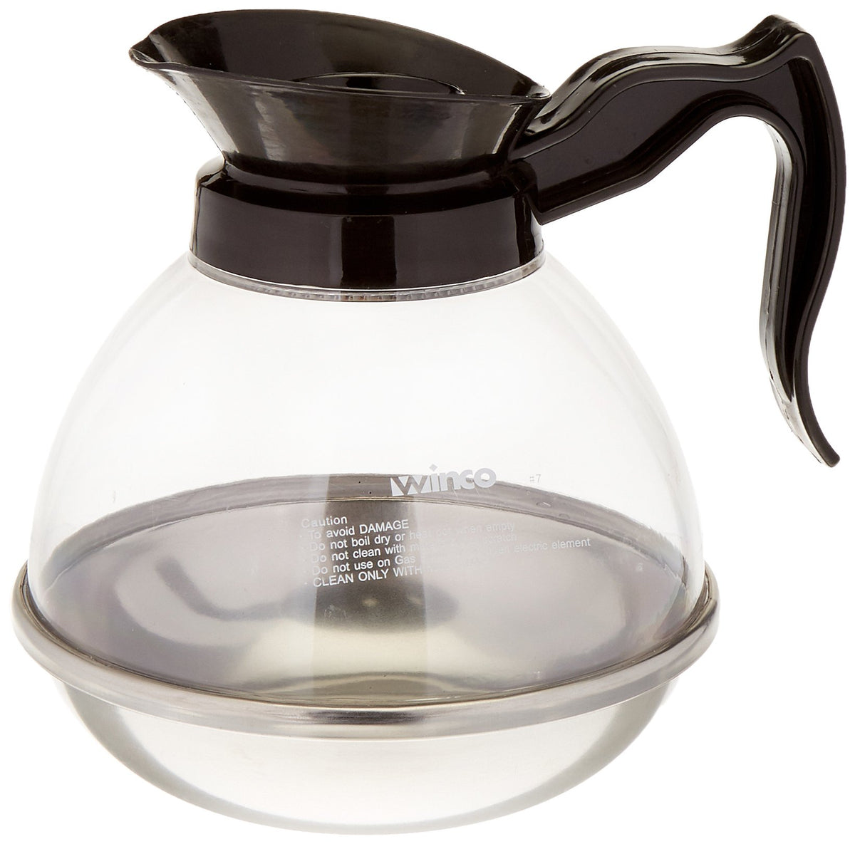 Winco plastic coffee decanter with stainless steel base, ideal for busy service.