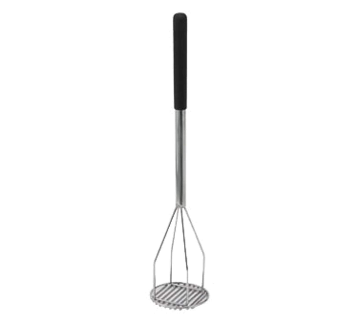 Winco potato masher with 5-inch head and 24.5-inch handle for large batches and comfortable grip.