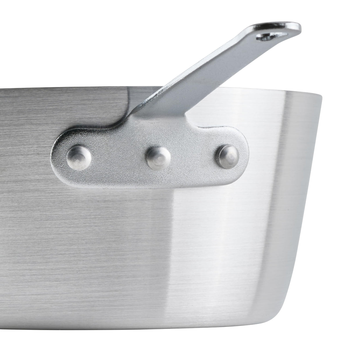 Winco heavy-duty sauce pan with riveted handle for secure, long-lasting grip.