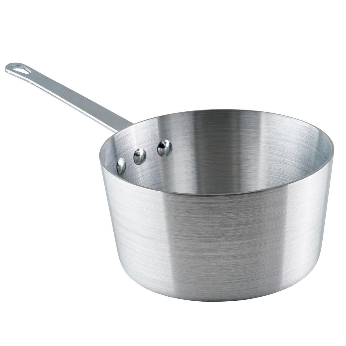 Winco 2.5 qt tapered sauce pan, side view, balanced heat distribution.