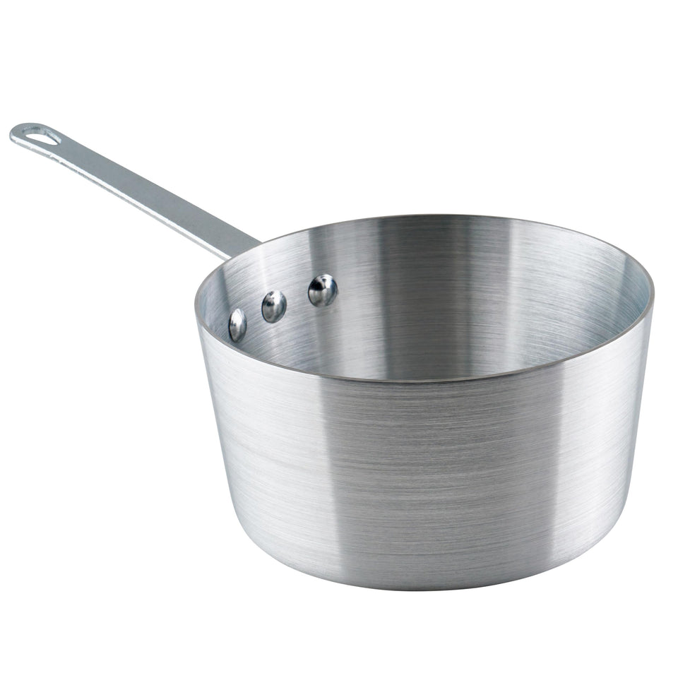 Winco 2.5 qt tapered sauce pan, side view, balanced heat distribution.