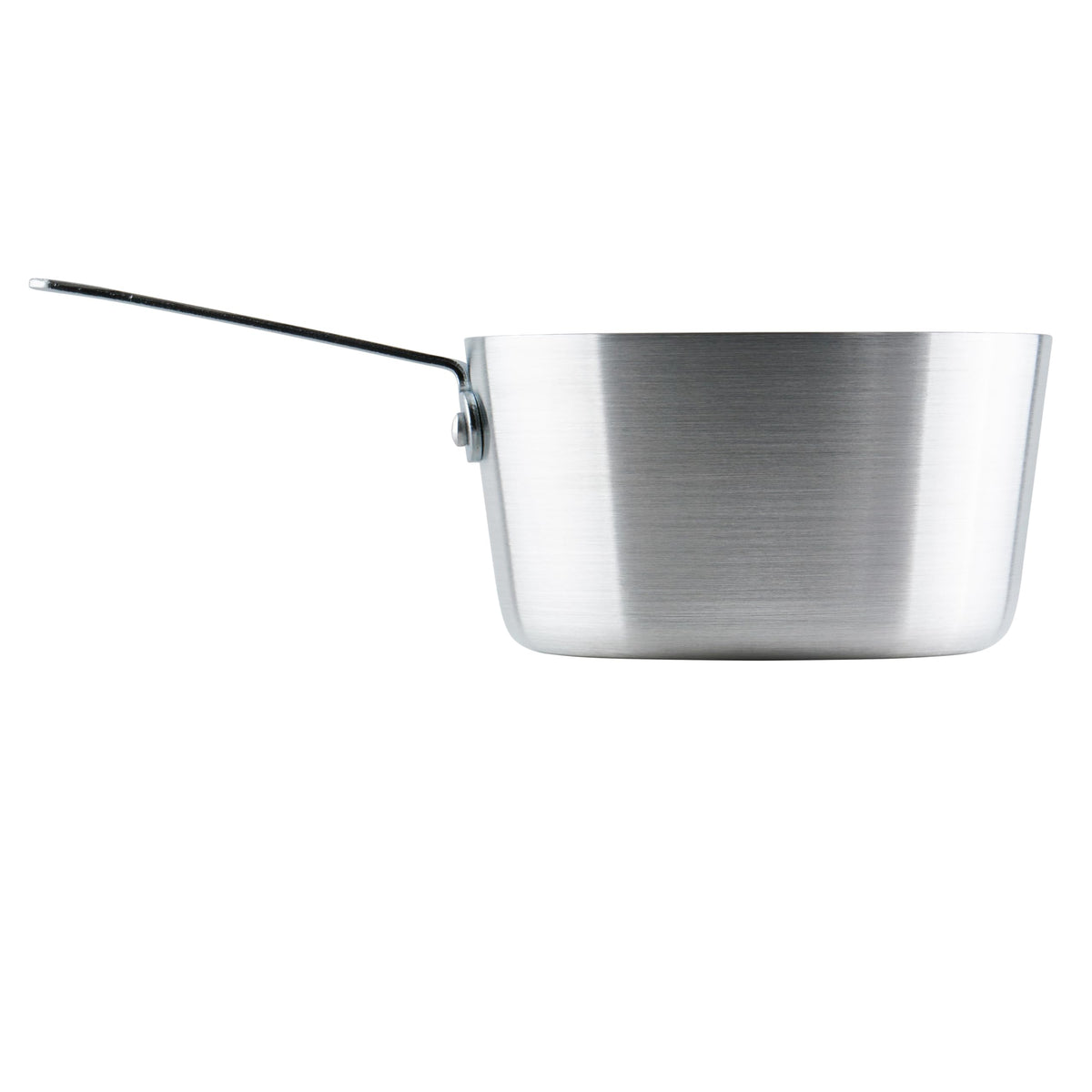 Winco heavy-duty aluminum sauce pan, top view, sturdy riveted handle.