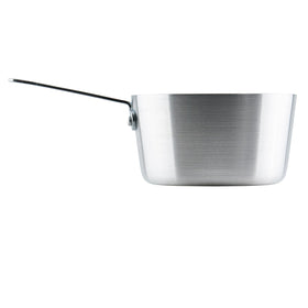 Winco heavy-duty aluminum sauce pan, top view, sturdy riveted handle.