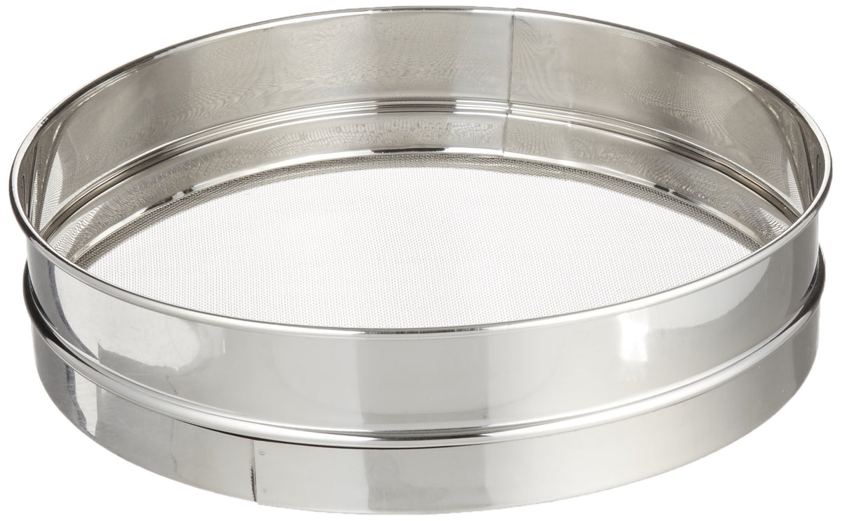 Winco 12-inch stainless steel sieve for precise sifting in busy kitchens.