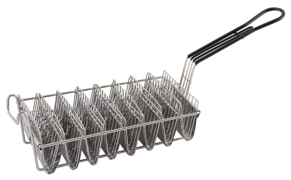 Winco taco basket holds eight shells for even frying of homemade taco shells