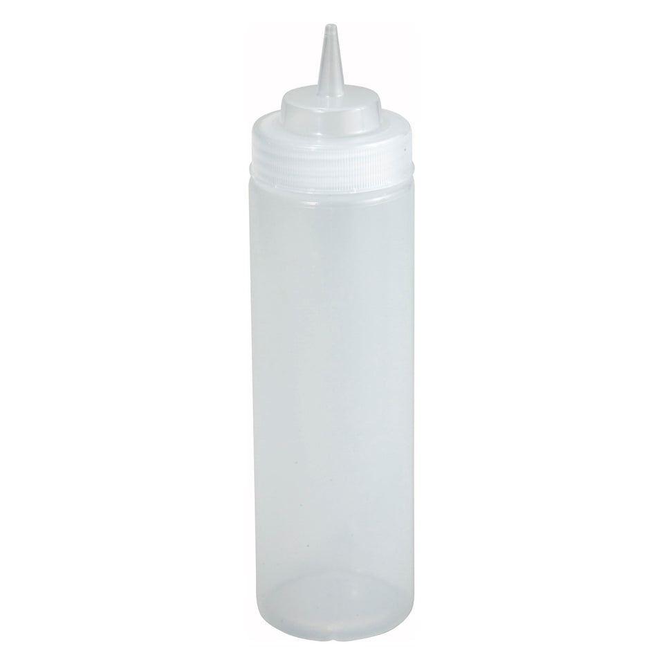 Winco wide-mouth squeeze bottle with 16 oz capacity, ideal for thick sauces and dressings