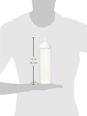 Winco 24-ounce clear squeeze bottle highlighting content visibility for quick selection.