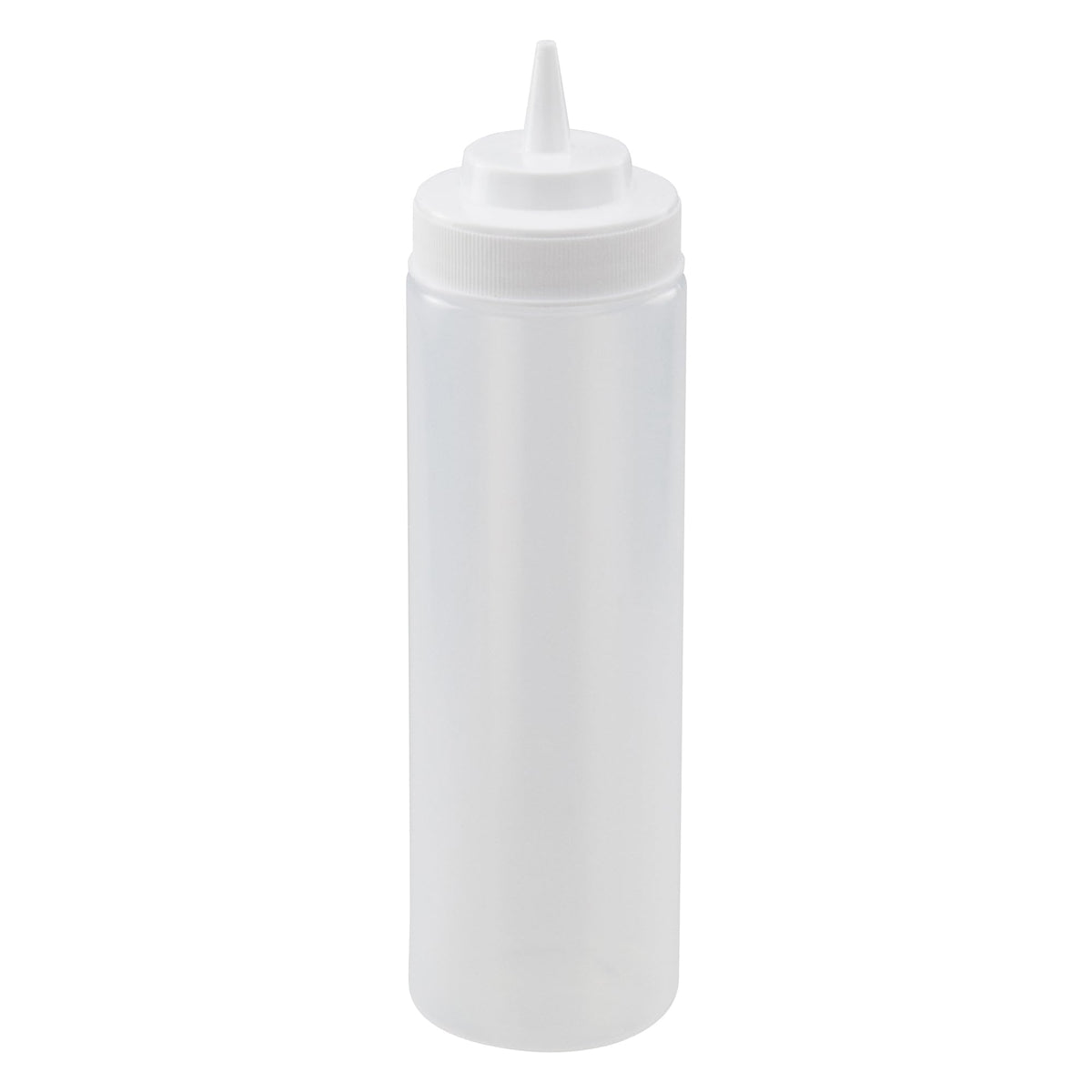 Winco wide-mouth squeeze bottle showing easy refilling with wide mouth opening.